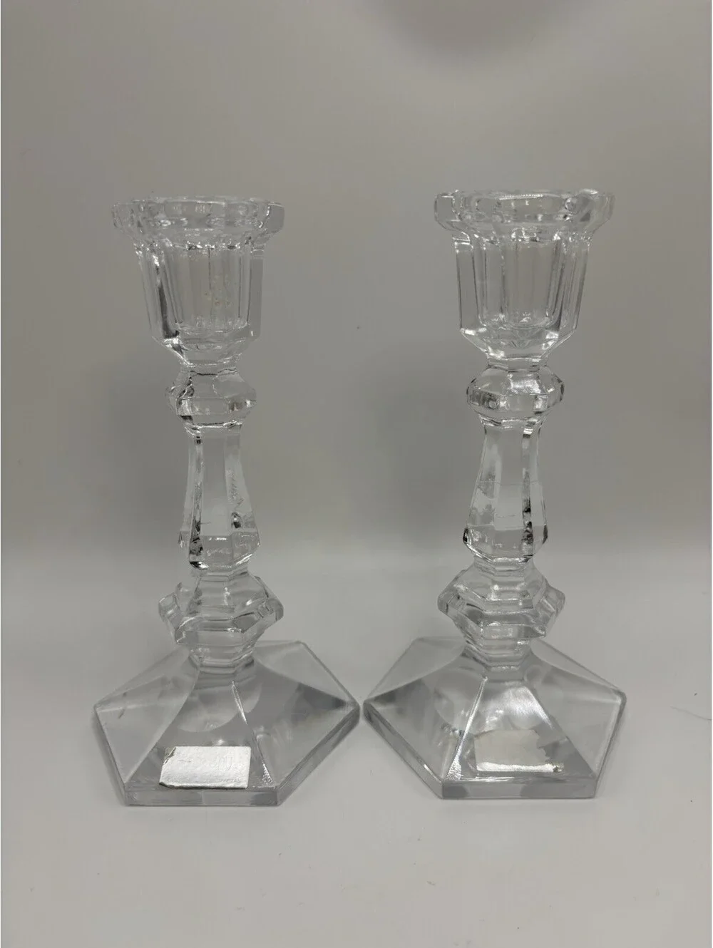 Vintage Mikasa Style 7 Inch Hexagonal Crystal Candle Holders Pair